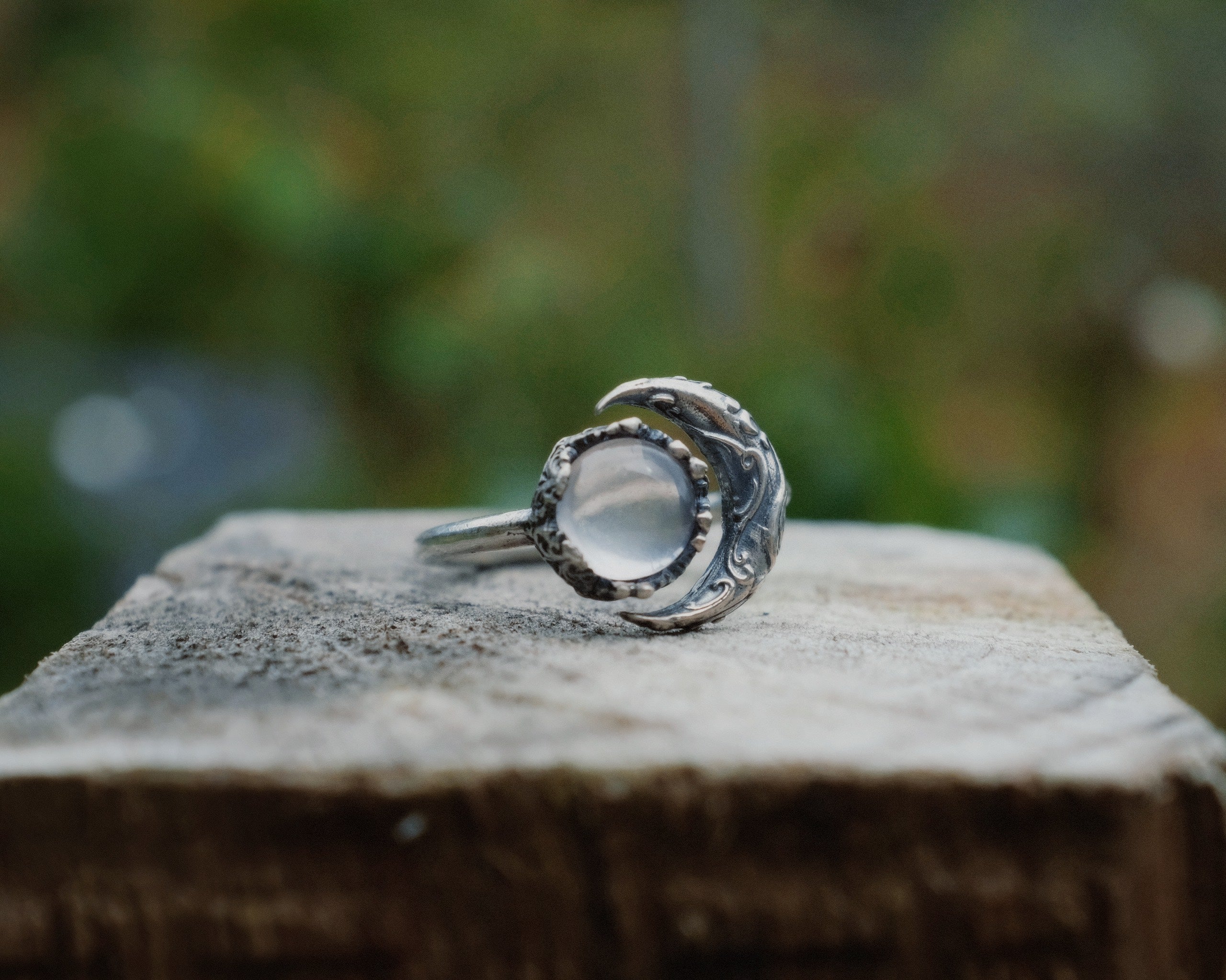 Moon Hug Silver Ring in Rose Quartz